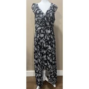 Banana Republic Black Gray Floral Maxi Dress 14 Asymmetrical Cottage Romantic